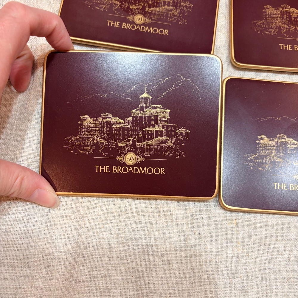 Lady Clare The Broadmoor Hotel Coasters Set of 4 Burgundy Gold Made in England